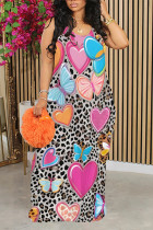 Grey Casual Street Butterfly Love Print Leopard Contrast O Neck Printed Dresses