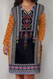 Deep Coffee Casual Geometric Print Flowers Pocket Contrast V Neck Printed Plus Size Dresses