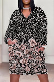 Deep Coffee Casual Geometric Print Flowers Pocket Contrast V Neck Printed Plus Size Dresses