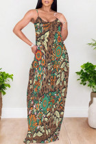 Brown Sexy Leopard Print Pocket Contrast U Neck Printed Dresses