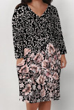 Deep Coffee Casual Geometric Print Flowers Pocket Contrast V Neck Printed Plus Size Dresses