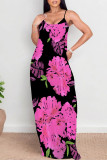 Figure Sexy Floral Print Pocket Contrast U Neck Printed Dresses