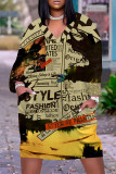 Brown Casual Chain print Newspaper printing Pocket Contrast V Neck Printed Plus Size Dresses