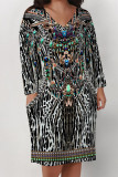 Deep Coffee Casual Geometric Print Flowers Pocket Contrast V Neck Printed Plus Size Dresses