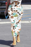 White Casual Floral Print Contrast Skinny High Waist Full Print Bottoms