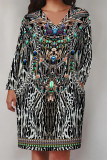 Deep Coffee Casual Geometric Print Flowers Pocket Contrast V Neck Printed Plus Size Dresses