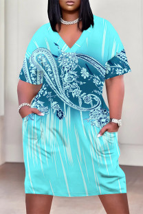 Lake Blue Casual Geometric Print Poker Pocket Contrast V Neck Printed Plus Size Dresses