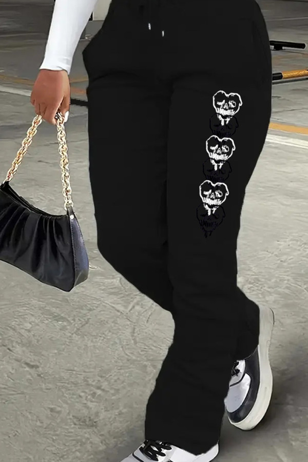 Black Casual Print Draw String Pocket Patchwork Regular Mid Waist Conventional Positioning Print Bottoms