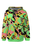 Yellow Casual Geometric Print Flowers Draw String Pocket Hooded Tops