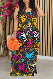 Yellow Casual Street Butterfly Love Print Leopard Contrast O Neck Printed Dresses