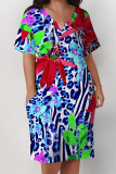 Multicolor Casual Letter Print Flowers Leopard Pocket Contrast V Neck Printed Plus Size Dresses