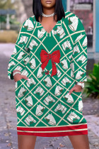 Green Casual Geometric Print Flowers Pocket Contrast V Neck Printed Plus Size Dresses