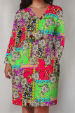 Deep Coffee Casual Geometric Print Flowers Pocket Contrast V Neck Printed Plus Size Dresses