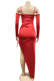 Red Sexy Solid Color Draw String Lace Up Backless Spaghetti Strap Long Dresses