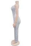 Apricot Sexy Patchwork Hot Drilling Backless Slit Strapless Long Dresses