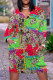 Red Green Casual Geometric Print Flowers Pocket Contrast V Neck Printed Plus Size Dresses