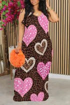 Dark Brown Sexy Heart Pattern Leopard Contrast O Neck Printed Dresses