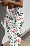 White Casual Floral Print Contrast Skinny High Waist Full Print Bottoms