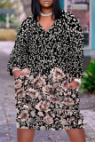 Deep Coffee Casual Geometric Print Flowers Pocket Contrast V Neck Printed Plus Size Dresses