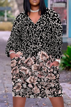 Black Casual Geometric Print Flowers Pocket Contrast V Neck Printed Plus Size Dresses