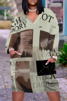 Gray Green Casual Chain print Newspaper printing Pocket Contrast V Neck Printed Plus Size Dresses