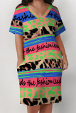 Multicolor Casual Letter Print Flowers Leopard Pocket Contrast V Neck Printed Plus Size Dresses