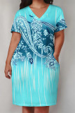 Brown Yellow Casual Geometric Print Poker Pocket Contrast V Neck Printed Plus Size Dresses