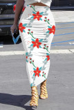 White Casual Floral Print Contrast Skinny High Waist Full Print Bottoms