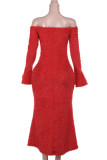 Red Elegant Solid Color Patchwork Backless Off Shoulder Long Dresses