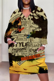 Brown Casual Chain print Newspaper printing Pocket Contrast V Neck Printed Plus Size Dresses