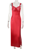 Red Celebrities Solid Color Patchwork Backless High Slit Spaghetti Strap Long Dresses