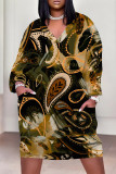 Brown Casual Chain print Newspaper printing Pocket Contrast V Neck Printed Plus Size Dresses