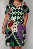 Brown Yellow Casual Geometric Print Poker Pocket Contrast V Neck Printed Plus Size Dresses
