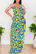 Blue Sexy Leopard Print Pocket Contrast U Neck Printed Dresses