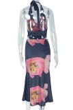 Black Sexy Casual Floral Print Backless Belted Halter Sleeveless Two Pieces
