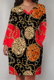 Brown Casual Chain print Newspaper printing Pocket Contrast V Neck Printed Plus Size Dresses