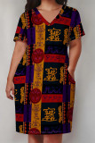 Brown Yellow Casual Geometric Print Poker Pocket Contrast V Neck Printed Plus Size Dresses