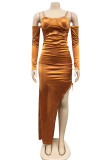 Red Sexy Solid Color Draw String Lace Up Backless Spaghetti Strap Long Dresses