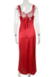 Red Celebrities Solid Color Patchwork Backless High Slit Spaghetti Strap Long Dresses