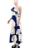Blue Casual Print Patchwork Backless Ruffled Trim Oblique Collar Long Dresses