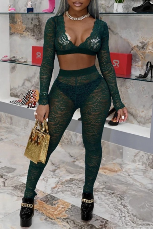 Ink Green Sexy Hot Solid Color See-Through V Neck Long Sleeve Two Pieces