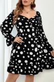 Black Casual Polka Dot Print Basic V Neck Long Sleeve Plus Size Dresses