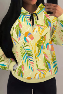 Yellow Casual Geometric Print Flowers Draw String Pocket Hooded Tops
