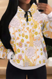 Yellow Casual Geometric Print Flowers Draw String Pocket Hooded Tops