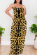 Yellow Brown Sexy Leopard Print Pocket Contrast U Neck Printed Dresses
