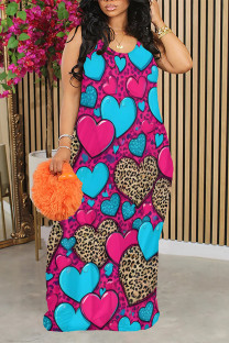 Rose Red Casual Street Butterfly Love Print Leopard Contrast O Neck Printed Dresses