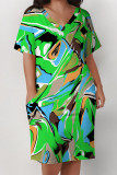 Multicolor Casual Letter Print Flowers Leopard Pocket Contrast V Neck Printed Plus Size Dresses