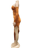 Red Sexy Solid Color Draw String Lace Up Backless Spaghetti Strap Long Dresses