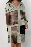 Brown Casual Chain print Newspaper printing Pocket Contrast V Neck Printed Plus Size Dresses