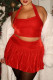Red Sexy Solid Color Patchwork Backless Strap Design Halter Two Pieces